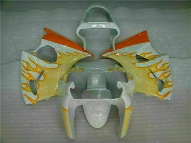 Best 2000-2002 White Yellow Flame Kawasaki ZX6R Bike Fairings