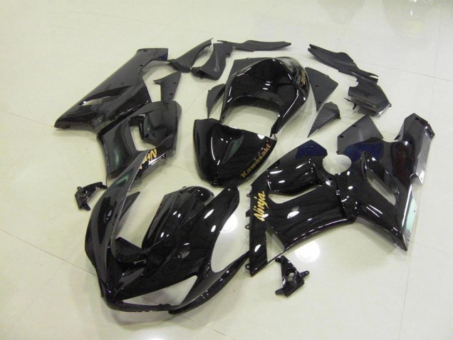 Best 2005-2006 Glossy Black Gold Decals Kawasaki ZX6R Motorcycle Fairings Kits