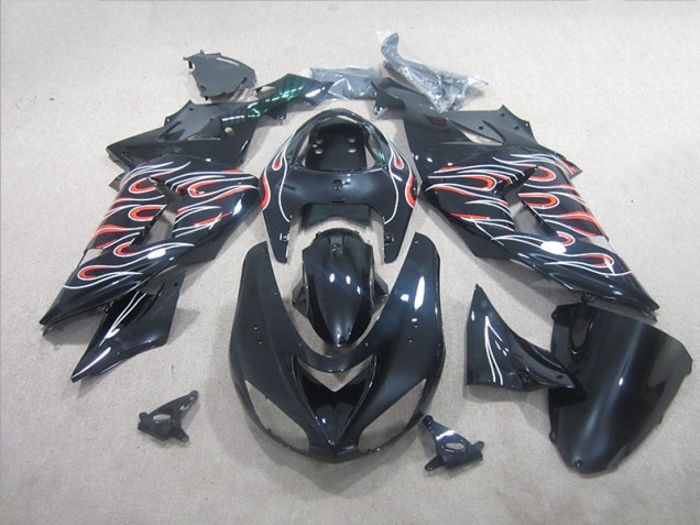 Best 2006-2007 Black White Red Flame Kawasaki ZX10R Motorbike Fairing Best 2006-2007 Black White Red Flame Kawasaki ZX10R Motorbike Fairing