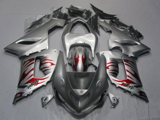 Best 2005-2006 Silver Red Flame Ninja Kawasaki ZX6R Motorcycle Replacement Fairings Best 2005-2006 Silver Red Flame Ninja Kawasaki ZX6R Motorcycle Replacement Fairings